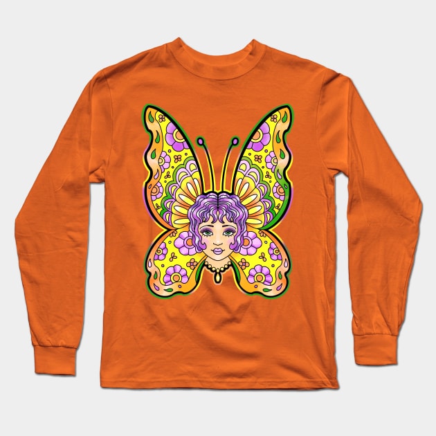 Butterfly girl traditional tattoo style Long Sleeve T-Shirt by weilertsen